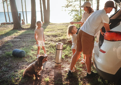 Family unloading car in nature