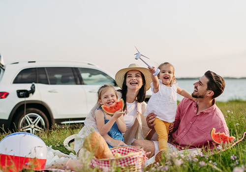 família a fazer piquenique, com um carro atrás.