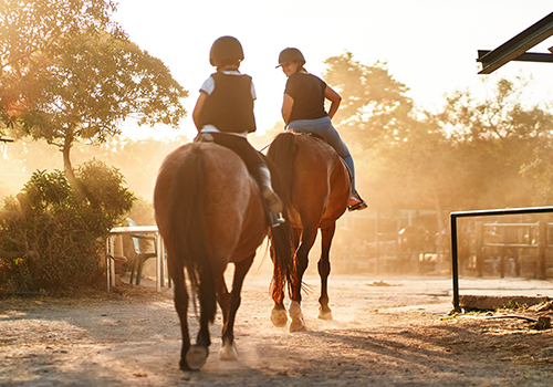 Mãe e filho a passear de cavalo
